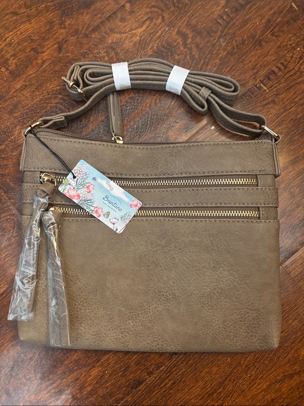Brentano Taupe Crossbody Bag with Dual Zip Front